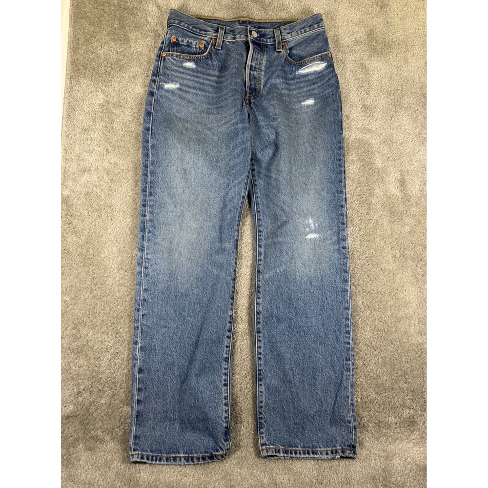 Levis Premium 501 90s Jeans Medium Wash Blue Distressed Straight Leg Button Fly